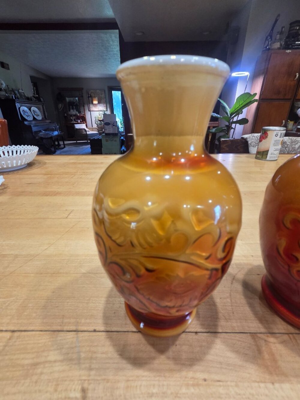 Vintage Avon Spring Bouquet Amberina Slag Glass Vase Pair Mid Century - Picture 3 of 8